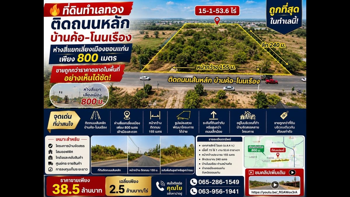 ที่ดินทำเลดี แต่ขายถูกมากจริงๆ ติดถนนเส้นหลักบ้านค้อโนนเรือง ห่างสี่แยกเลี่ยงเมืองแค่ 800ม.
