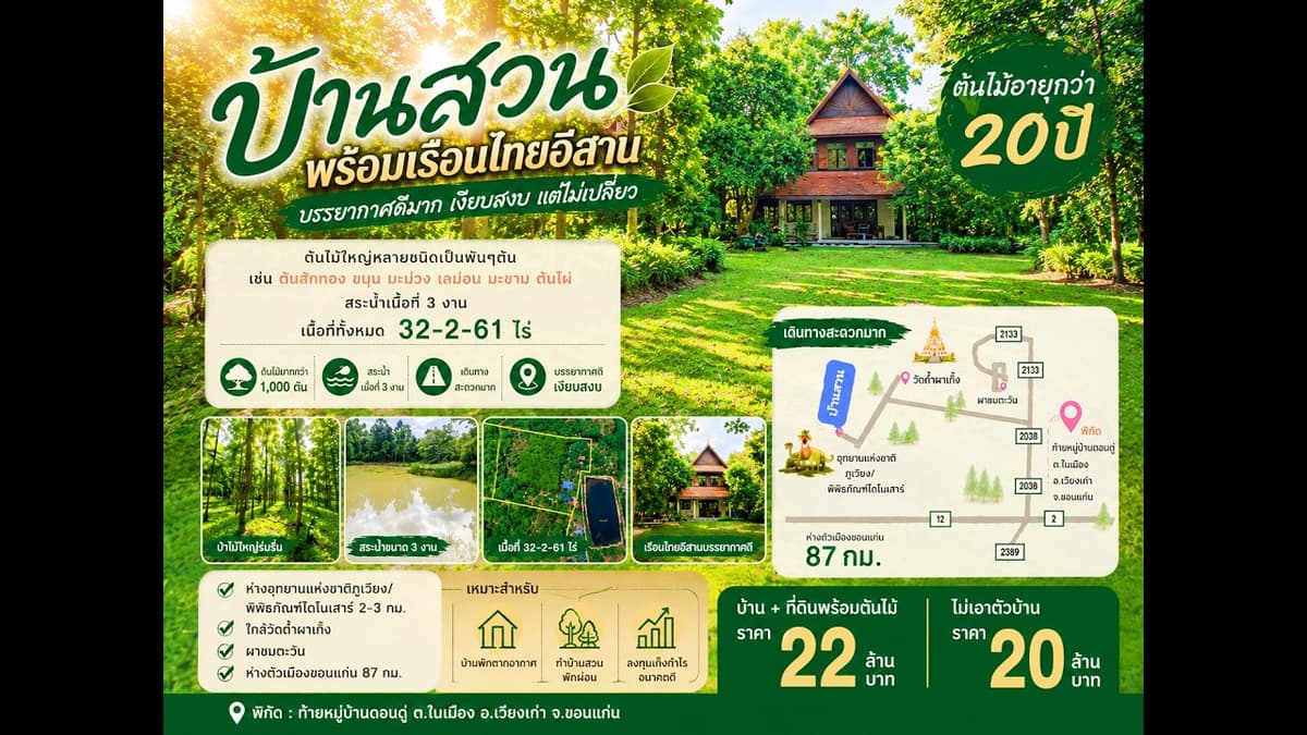 บ้านสวนต้นไม้ใหญ่กว่าพันต้นอายุเกือบ20ปี ติดบึง บรรยากาศดี ใกล้แหล่งท่องเที่ยว อ.เวียงเก่า ขอนแก่น